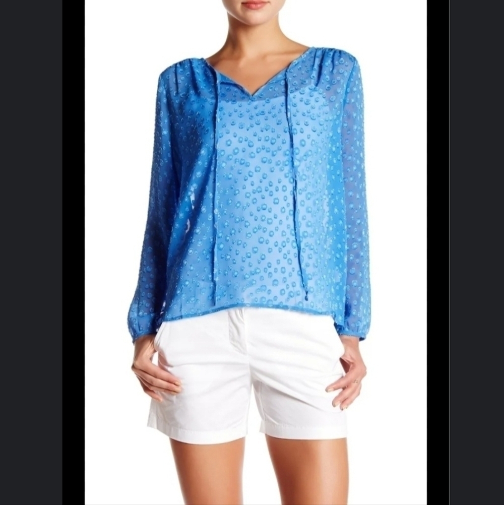 NWT J. Crew Blue Clip Dot Tie Blouse Women's XS Tie Front Sheer Long Sleeve New